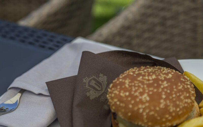 A sesame seed burger with fries on a table, accompanied by a logo napkin, in a restaurant setting.