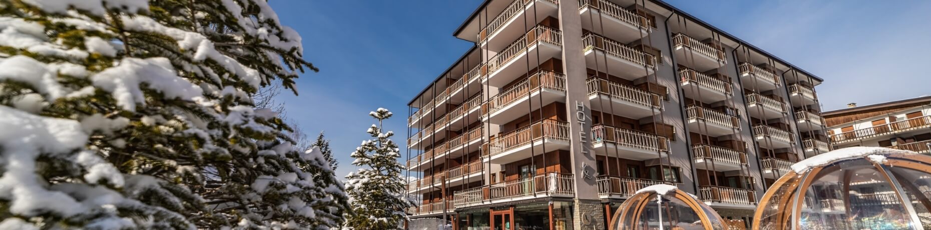 Hotel surrounded by snow-covered trees, with two igloos in front and a clear blue sky above, creating a cozy winter scene.