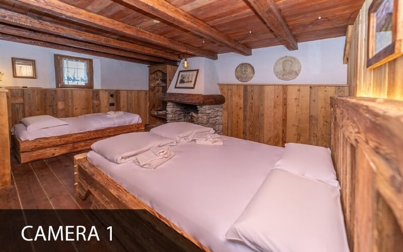 Cozy rustic bedroom with two beds, a stone fireplace, wooden accents, and natural light from a window.