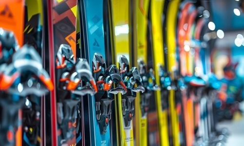 A row of vibrant skis with visible bindings and edges, set against a blurred store background, creating depth.