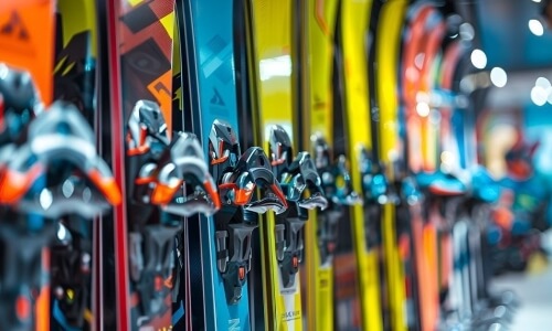 Collezione di sci gialli, blu e rossi disposti verticalmente, con attacchi neri, arancioni e blu, in un ambiente interno.