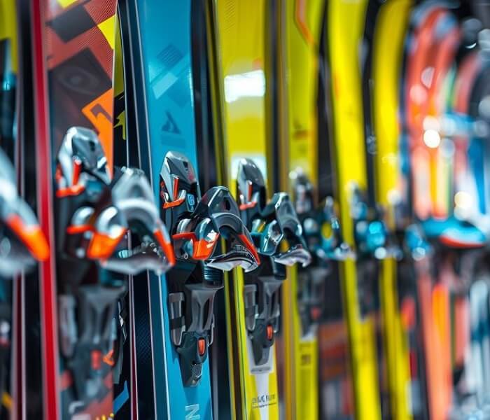 Colorful skis in a staggered formation with metal bindings, displayed in a ski shop, creating a sense of depth.