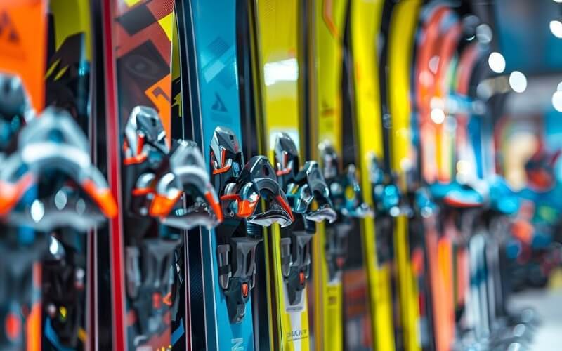 Close-up of colorful skis with black and orange bindings arranged in a row against a blurred store background.