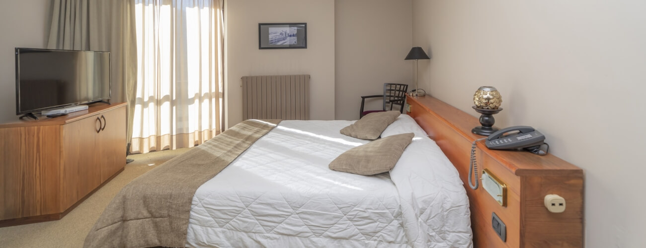 Camera d'albergo accogliente con letto, TV spenta, telefono, lampada, e decorazioni, illuminata da luce naturale.