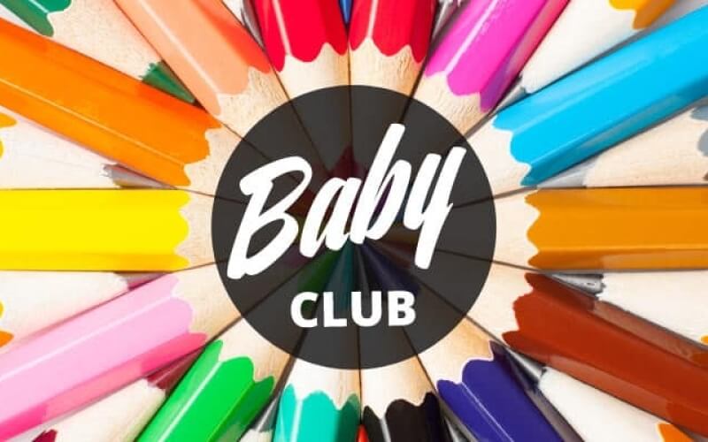 Text "Baby CLUB" in white on colorful pencils, with "Baby" in cursive inside a black circle and "CLUB" in block font.