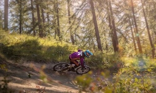 Una persona in abbigliamento viola monta una mountain bike su un sentiero sterrato in una foresta verde e tranquilla.