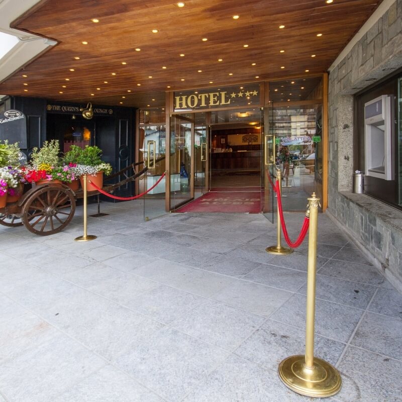 Elegant hotel entrance with a glass door, red rug, wooden ceiling, gray stone floor, gold stanchions, and a plant cart.