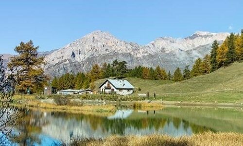 Serene landscape with a meadow, pond, white house, barn, pine trees, and mountains on a clear day.