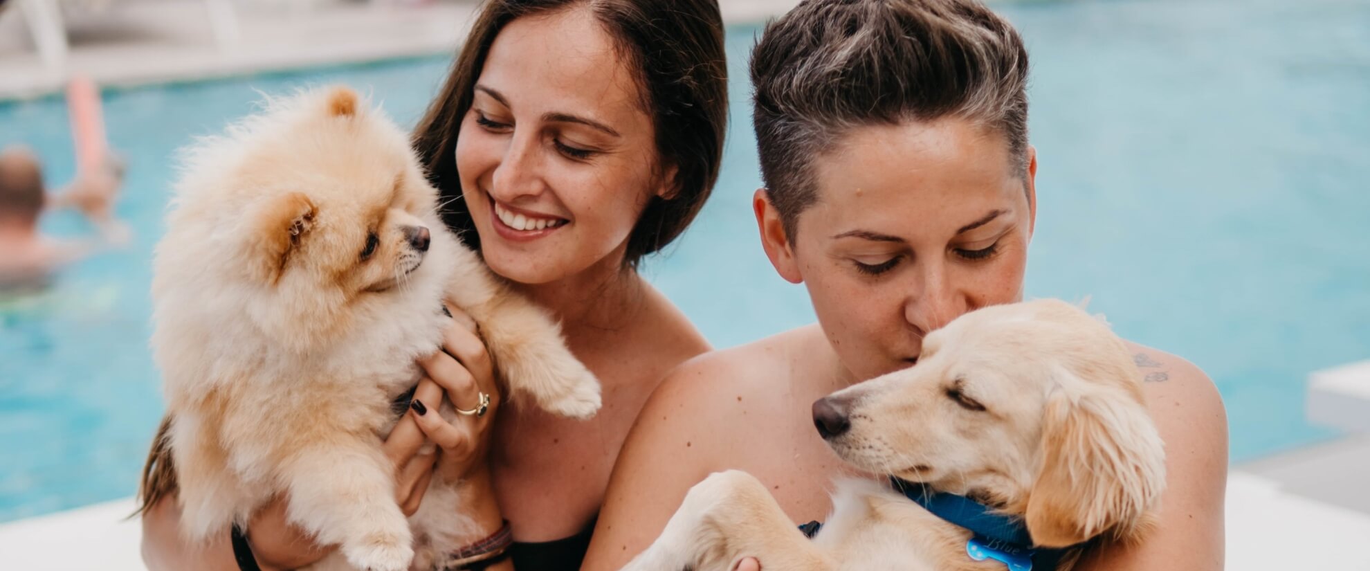 Due donne con cani davanti a una piscina, una con un Pomerania e l'altra con un Golden Retriever. Atmosfera di relax.