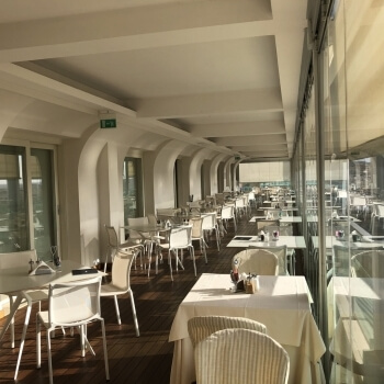 Tables on the terrace of the Blau Skybar