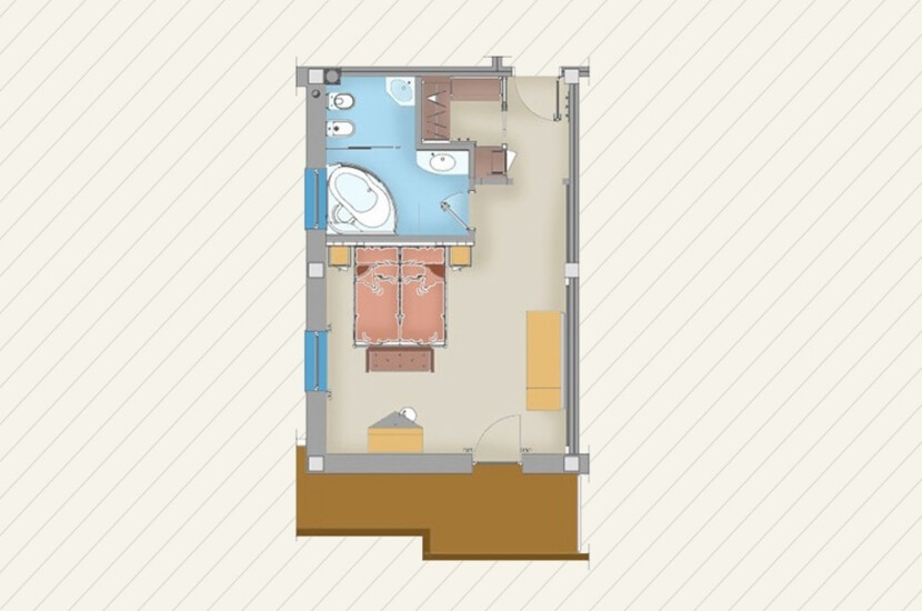 Floor plan of a house with various rooms, colored fixtures, and geometric shapes, set against an off-white background.