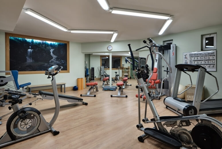 Moderne Fitnessstudio mit verschiedenen Geräten, Holzfußboden, großen Fenstern und einem Wasserfallbild an der Wand.