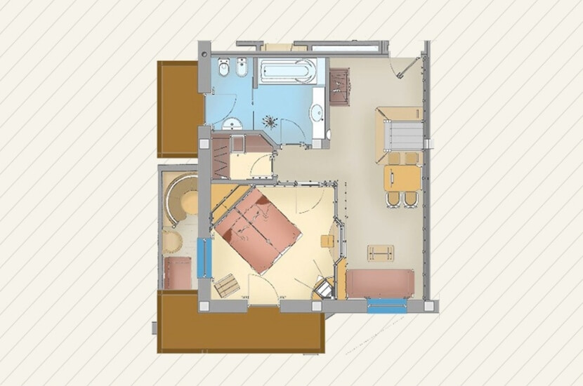 Vista dall'alto di un piano residenziale open-space con due camere, bagno e cucina, evidenziando diversi motivi sul pavimento.