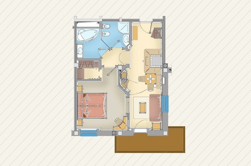 Piano di una casa con stanze etichettate, dimensioni, finestre, porte e arredi, presentato in una palette di colori neutri.