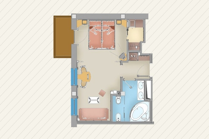 Grundriss einer Zwei-Zimmer-Wohnung mit Küche, Bad, Wohnzimmer und Schlafzimmer, beige Wände und grauer Umrandung.