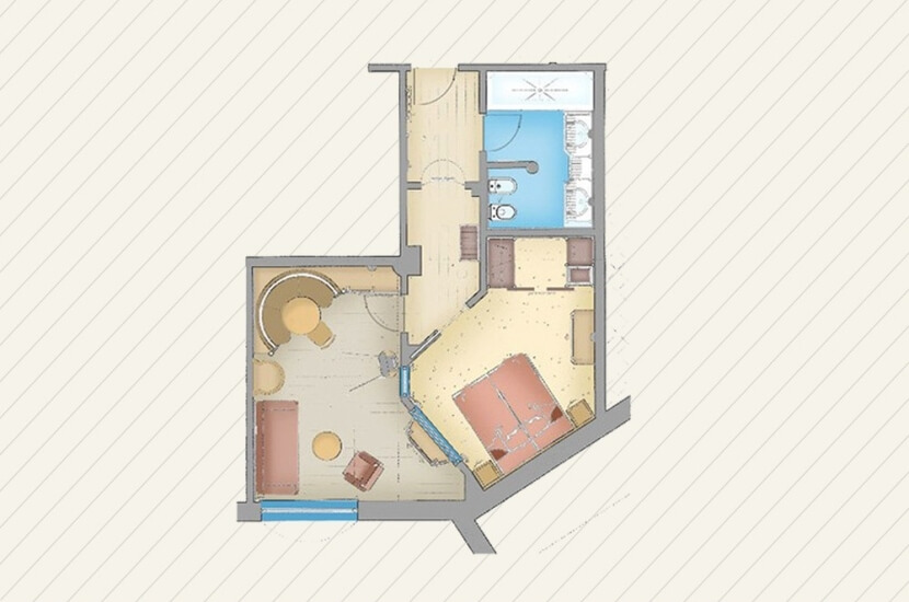 Aerial view of a colorful building floor plan with distinct rooms, corridors, and a textured beige background.
