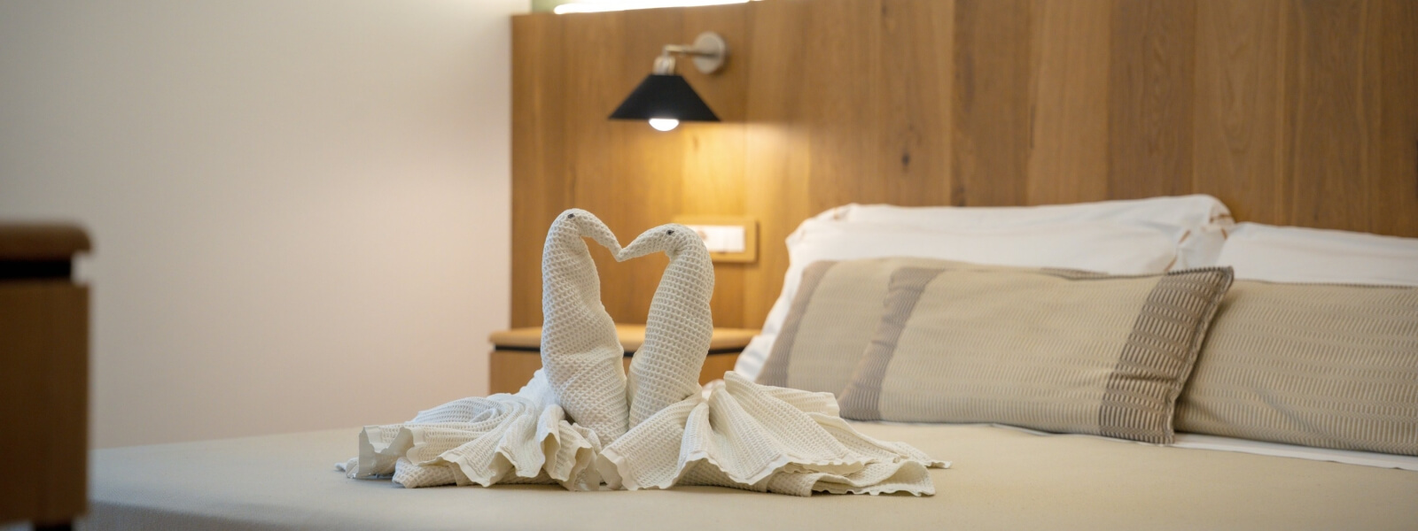 Due cigni di asciugamano bianchi su un letto bianco.