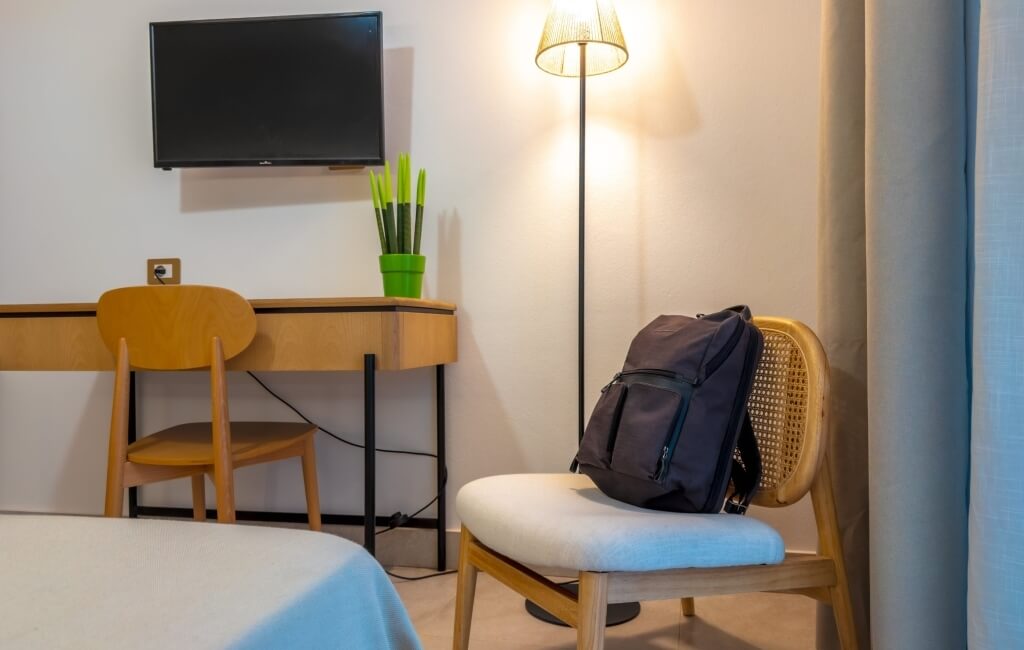 Camera d'hotel con TV, scrivania, piante e lampada accesa.