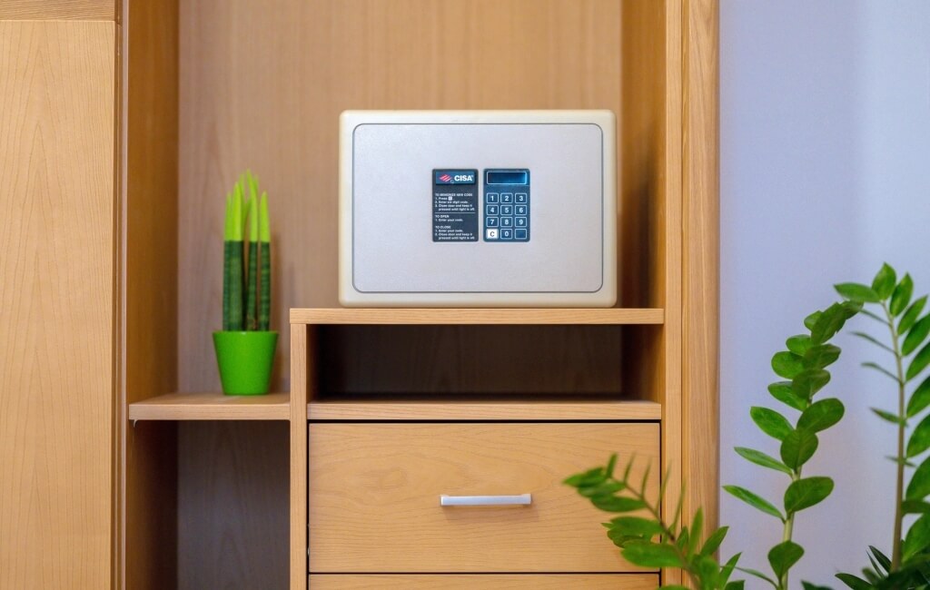 Cassaforte argentata su mensola di legno con pianta verde accanto.