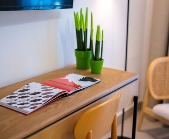 Scrivania in legno con piante, libro aperto e sedie colorate.