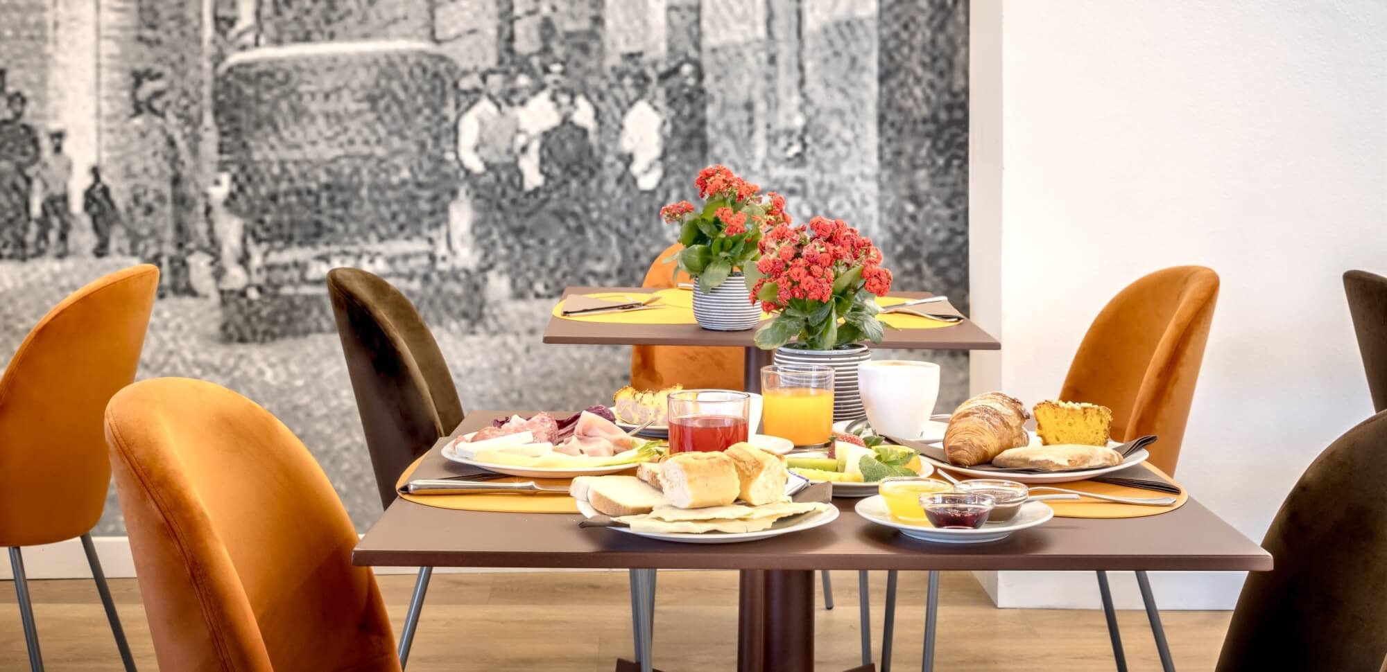 Colazione con pane, formaggio, croissant e piante in un ambiente accogliente.