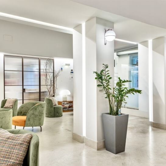 Modern lobby with green velvet chairs, potted plant, and glass door.