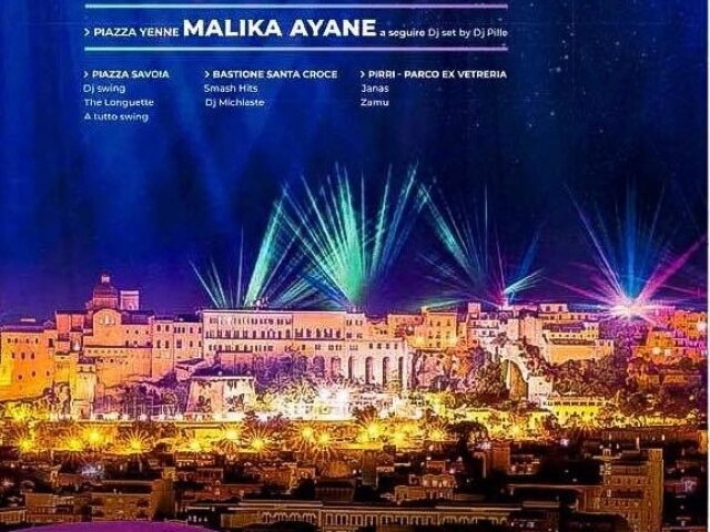 Città vibrante di notte, illuminata da luci e raggi laser, con il titolo "MALIKA AIYANE" e un set list per DJ.