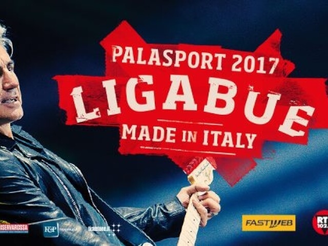 Poster promozionale per Palasport 2017 con uomo in giacca di pelle che suona una chitarra elettrica su sfondo blu-grigio.