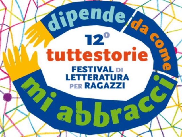 Grafica colorata per il 12° Festival di Letteratura per Ragazzi con testo e logo su sfondo geometrico vivace.