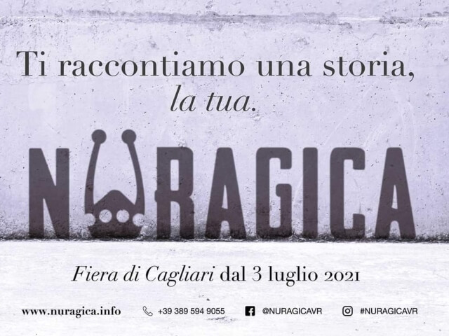 Volantino promozionale di Nuragica con logo, data evento, contatti e sfondo in texture cemento grigio.