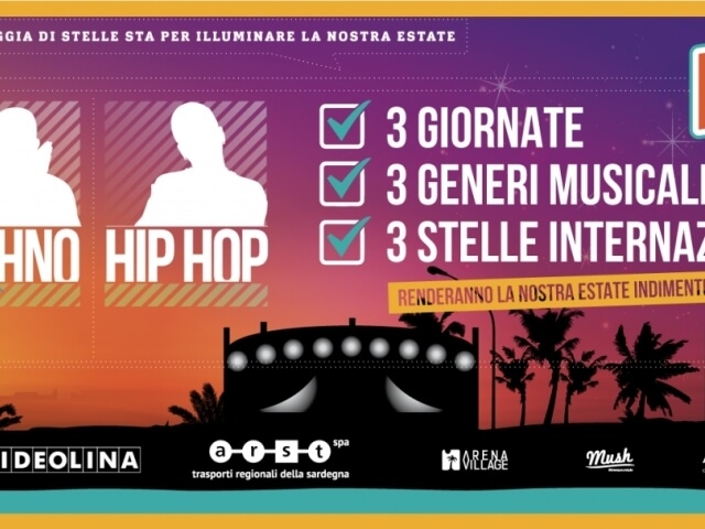 Volantino colorato per un evento con titolo, silhouette, banner giallo e loghi di sponsor, evidenziando musica e divertimento.
