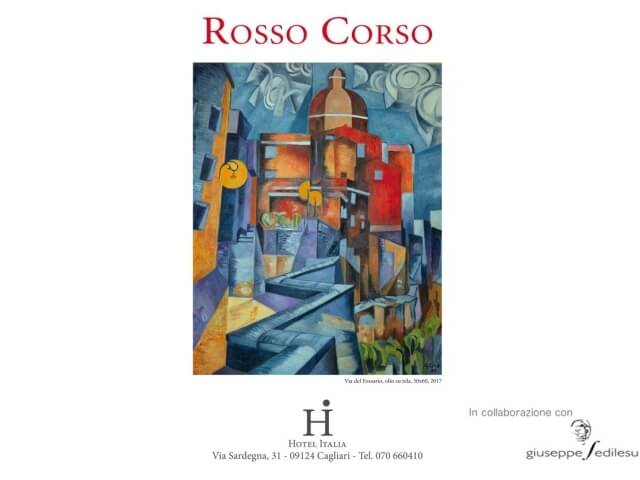 Copertina del catalogo "Rosso Corso" con un dipinto astratto di città e dettagli in rosso e grigio.