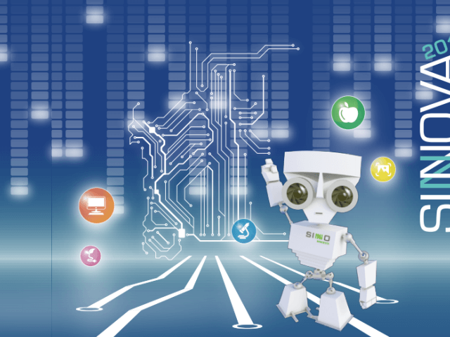 Rappresentazione grafica di un robot bianco circondato da icone su uno sfondo blu con un design di circuito bianco.