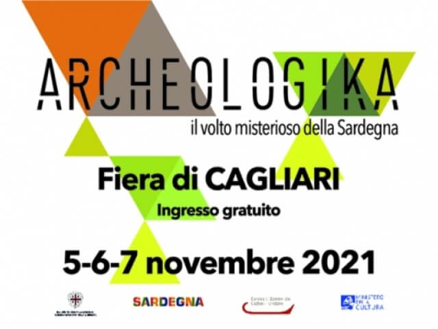 Poster per l'evento "ARCHEOLOGIKA" a Cagliari, 5-7 novembre 2021, ingresso gratuito, con forme geometriche colorate.