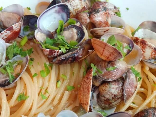 Un piatto di spaghetti con vongole aperte e erbe verdi su sfondo bianco.