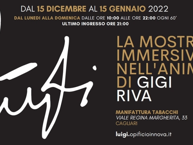 Pubblicità grigia con testo italiano bianco e giallo, date, eventi e informazioni su Gigi Riva a Cagliari.