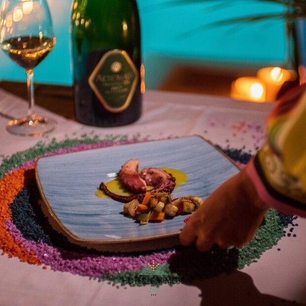 Tavolo romantico con piatto di polpo, verdure, vino e mano che raggiunge il piatto, vista sfocata di acqua sullo sfondo.