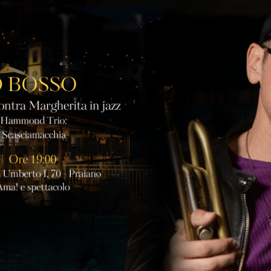 Man with trumpet in jacket, promoting jazz event in Praiano.