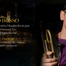 Man in purple shirt and black jacket holds trumpet, event details on left.