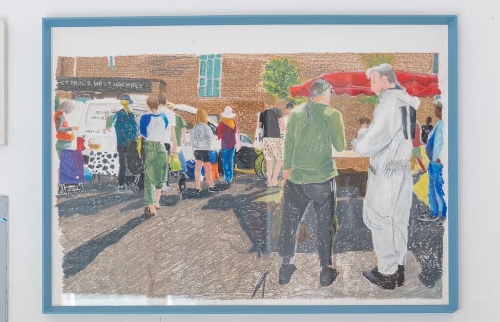 Outdoor market scene with figures, stalls, and a spotted van.