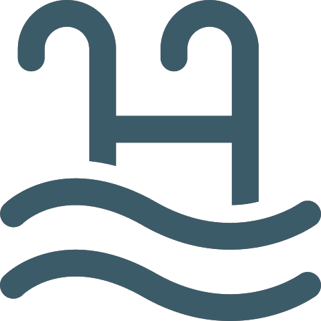 Scala da piscina stilizzata in teal con maniglie curve e onde sottostanti.