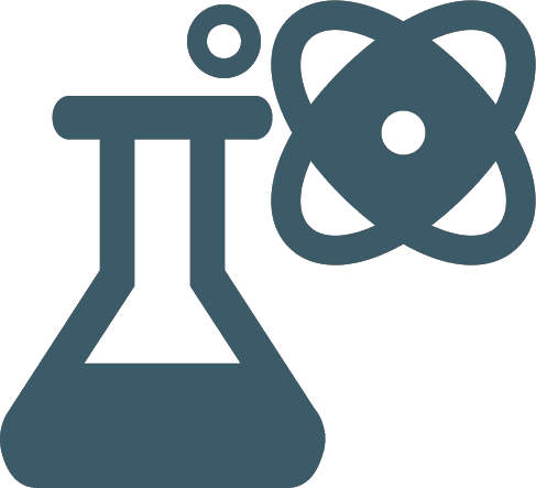 Dunkelblaues Grafik mit Laborflasche und Atomdarstellung, Blasen steigen auf.