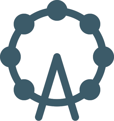 Vereinfachtes Icon eines Ferris Rads in dunklem Blau.