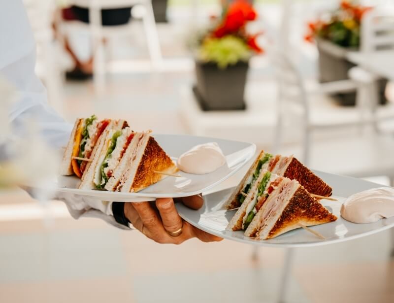 Hand holding two plates of triangular sandwiches with condiments.