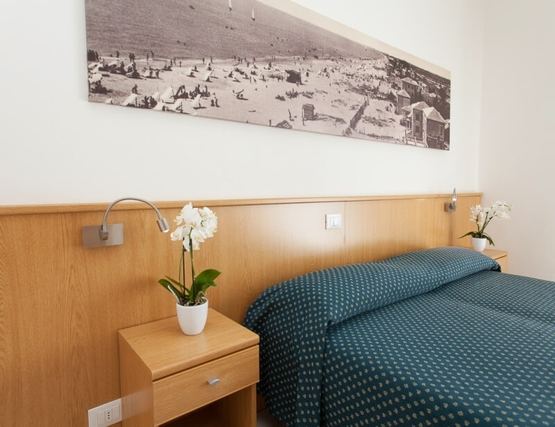 Camera d'hotel con letto, testata in legno e piante.