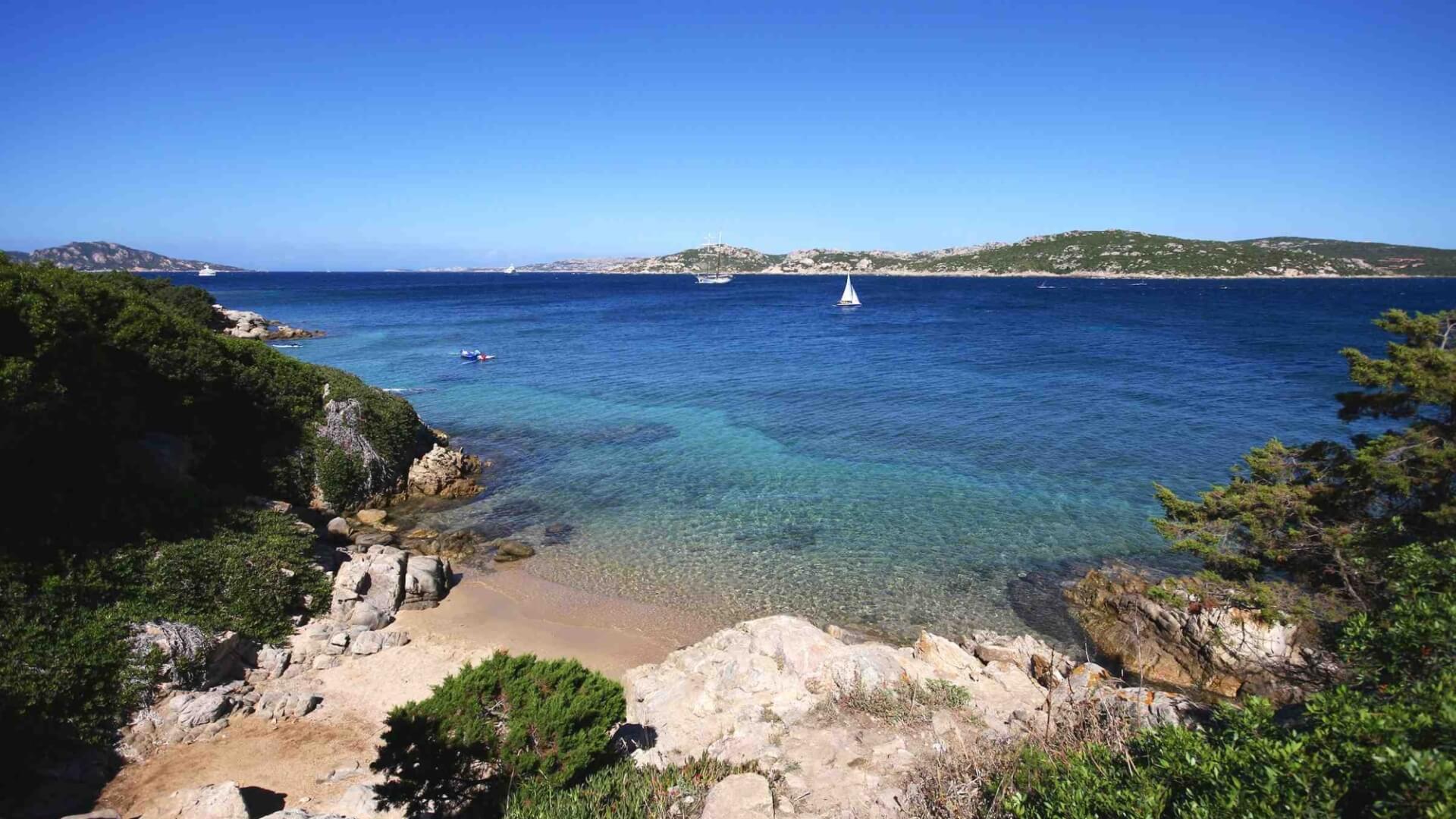 Una scena serena di spiaggia con una costa rocciosa, acque blu chiare, vegetazione lussureggiante e isole in lontananza.