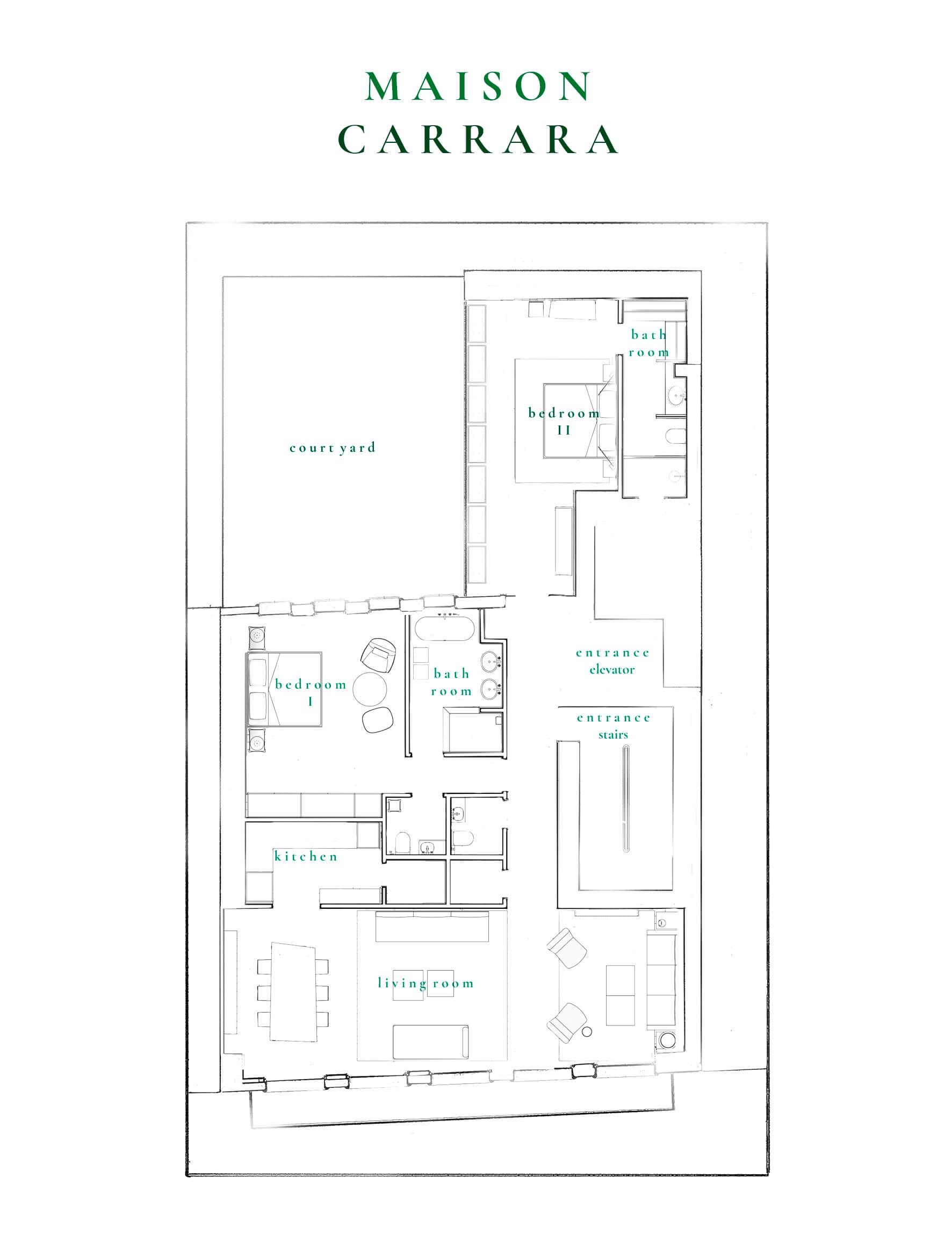 Floor plan of Maison Carrara with labeled rooms in green on a white background, featuring connections and layout details.