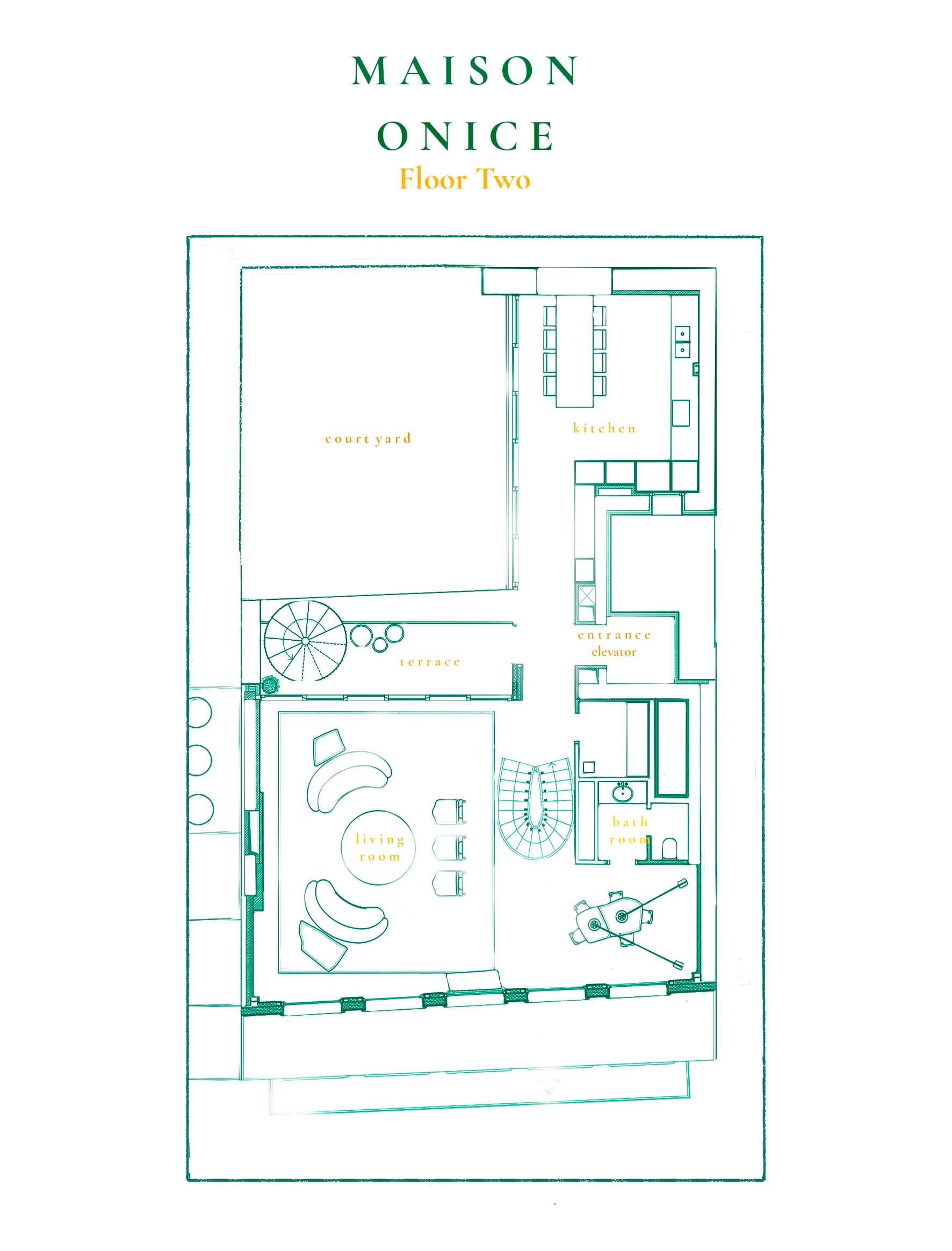 Floor plan of "MAISON ONICE" second floor, featuring labeled rooms in green and yellow on a white background.