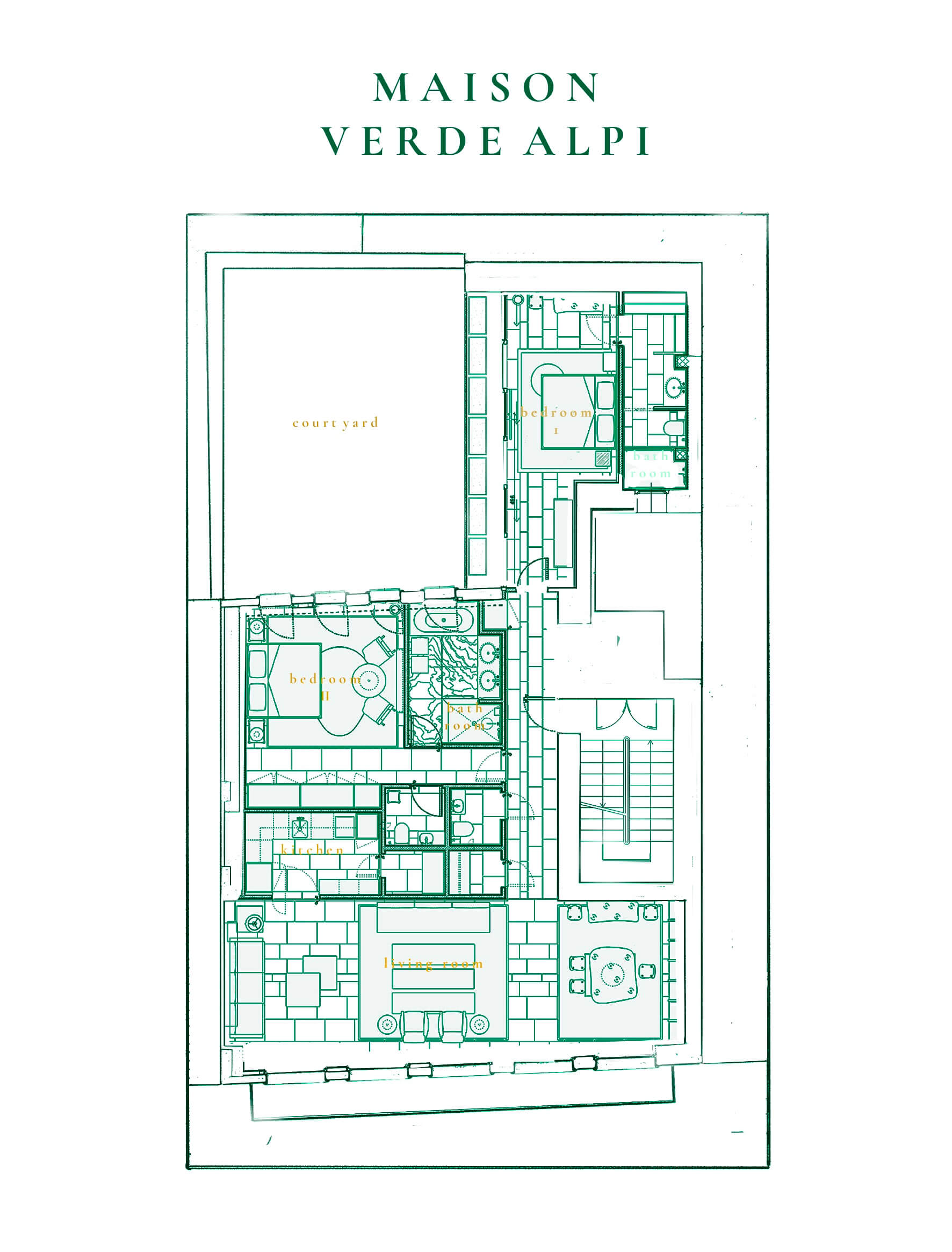 Floor plan of a house labeled "MAISON VERDE ALPI" with green lines on a white background.