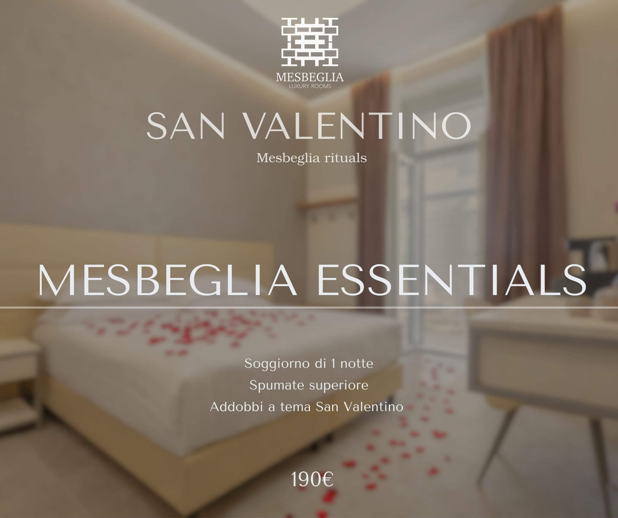 Camera romantica con petali di rosa e offerte per San Valentino.